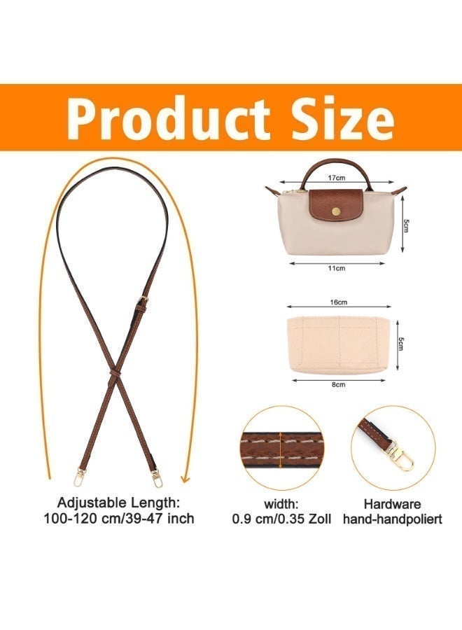 OSHIMA Leather Brown Crossbody Strap and Felt, Bag Organizer, Insert Fit for Longchamp Mini Bag, Handbag Purse Organizer, Mini Bag Strap Kit No-Punch Length Adjustable, Multi-Pocket Felt - Image 4